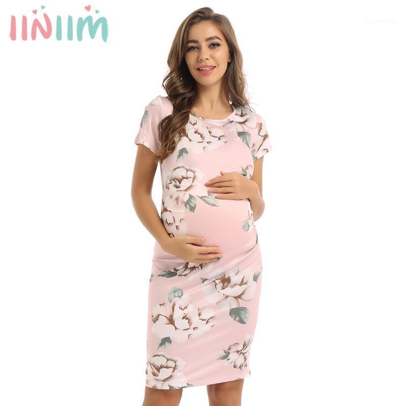 

Summer Maternity Casual Dresses Pregnant Women Ruched Sides Dresses Short Sleeves Floral Bodycon Dress Clothes for Pregnancy1, Pink