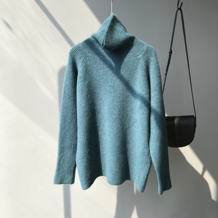 

New 2021 Spring Turtleneck Pure Color Loose Style Knitted Fashion Sweater Casual Women Blue Pullovers Pull Femme Q507, Khaki