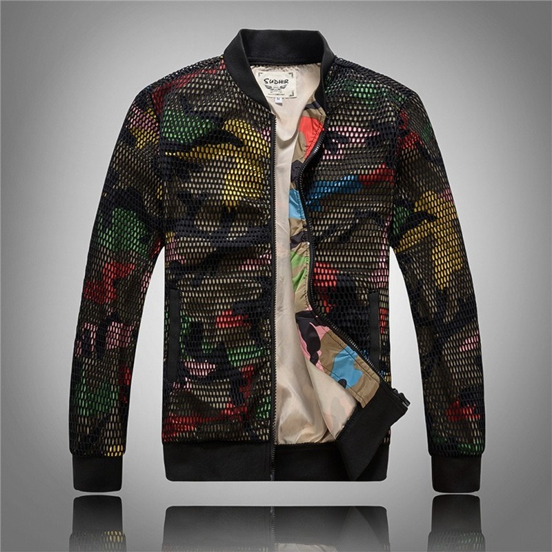 

2021 New Hollow Out Camouflage Mesh Men Jacket Coat Autumn Long Sleeve Thin Stand Man Jackets Spring Slim Male Baseball Coats Nled
