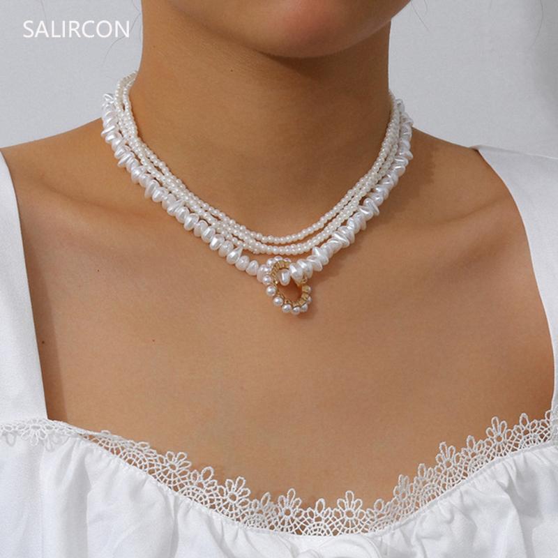 

Salircon New Design Imitation Pearl Chain Chunky Choker Necklaces Multi Layer Trendy Round Circle Pendant Necklace Women Jewelry