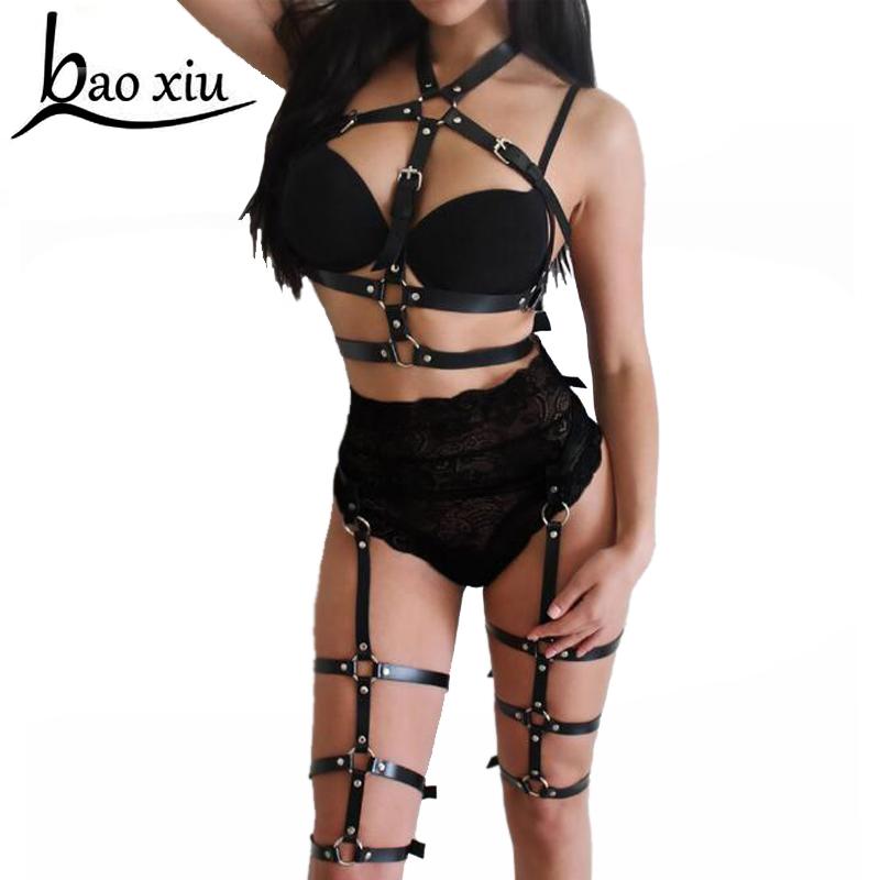 

2020 Corset 2 Pcs Set PU Leather Harness Underwear Garter Belts Sexy Women Waist To Leg Body Bondage Cage Straps Chest Belts, Black