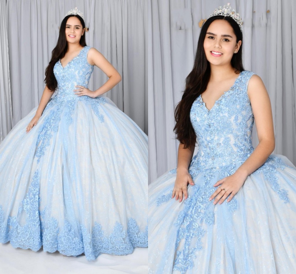 

Classic V-neck Quinceanera Dresses Light Blue Lace Crystal Corset Back Ball Gown Sweet 16 Girls Prom Formal Evening Gowns Vestidos De novia, Olive