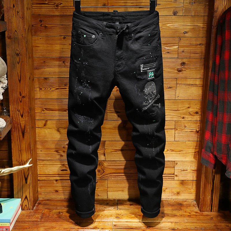 

2021 Men's New Black Ripped Jeans Elastic Paint Thin Hip Pants Winter T2G2