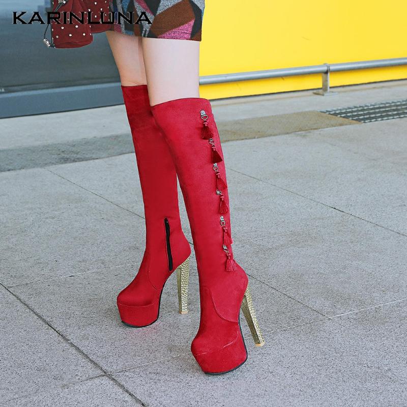 

High Heels Autumn Winter Large Size 33-48 women shoes Knee High Boots Platform Fringe Crystal Thick Heels Round Toe Zip, Black