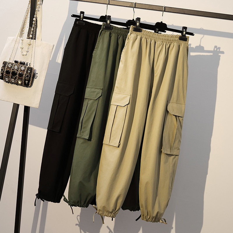 

2021 New Women Casual Cargo Autumn High Waist Boyfriend Style Tooling Pants Plus Size 4xl Beam Feet Harem Trousers Feminina Y200 A5xn, Black