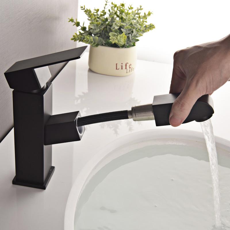 

Beiluode Pull Out Basin Faucet Bathroom Sink Faucet Single Handle Hot And Cold Water Tap Deck Mount Square Black MT1018