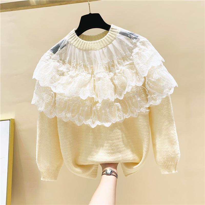 

2020 New Fashion O Neck Pullover Lace Patchwork Solid Full Sweaters for Women, Apricot