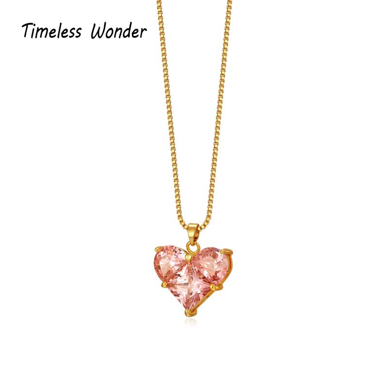 

Timeless Wonder Gorgeous Pink Zirconia Heart Chains Necklace Women Jewelry Goth Boho Top Ins Fancy Party Rare Kpop Gift New 4611