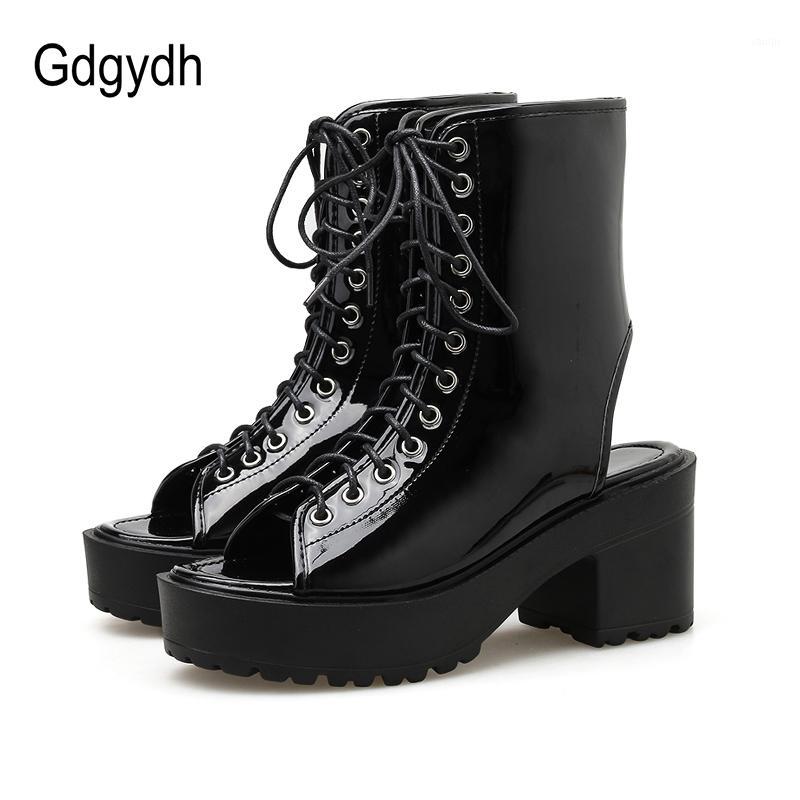 

Gdgydh 2020 New Spring Lace Up Block Heel Ankle Boots Women Gothic Platform Shoes Girls Open Toe Patent Leather Comfortable1, Black shoes