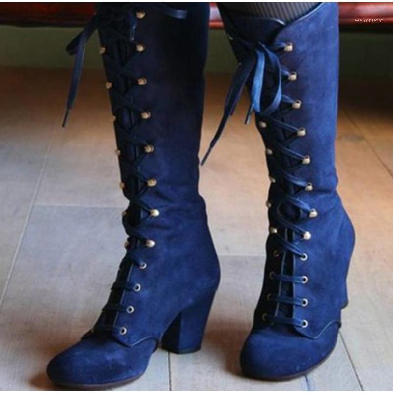 

2021 New Flock Ride Long Boots Women's Mid Calf Boots Woman Cross Lace Up Female Suede Ladies Thick Heels Retro Shoes Plus Size1, 2 black