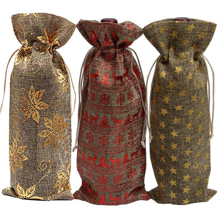 

14x30cm Christmas Natural Jute Burlap Wine Bottle Bag Window Champagne Packaging Gift Bag Party Christmas Decoration Wholesale
