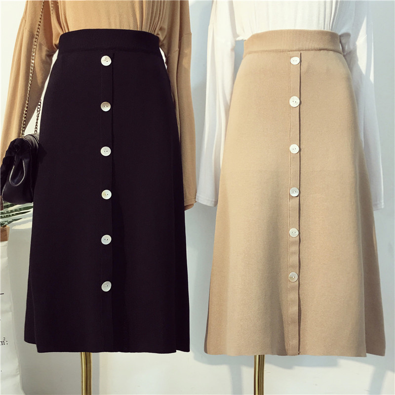 

2021 New Super Quality Knitted A-line Women Elegant Concise Elasticity High Waist Skirt Female Autumn Winter Streetwear Skirts El25, Brown