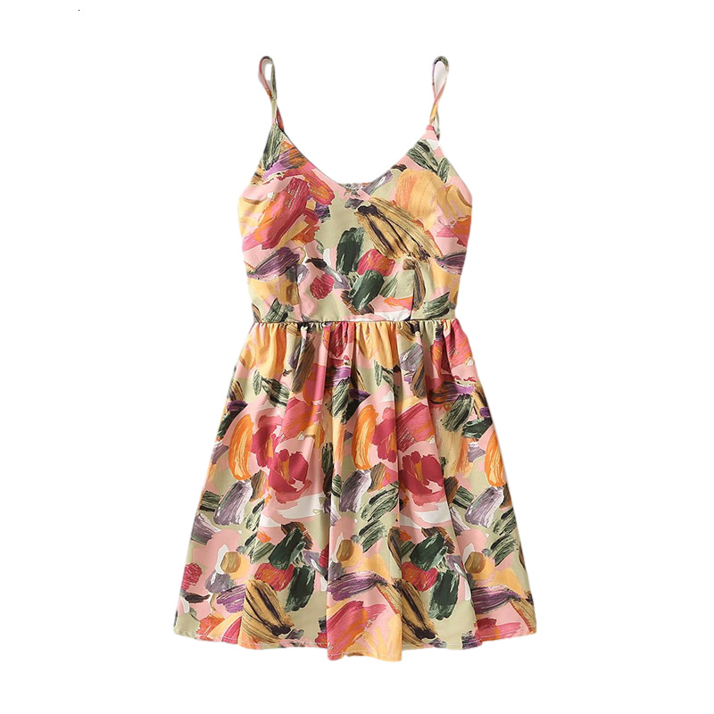 

New Streetwear Women Gouache Print 2021 Summer Fashion Ladies V-neck Elastic Strap Elegant Female Chic Mini Es E2tf, Multi