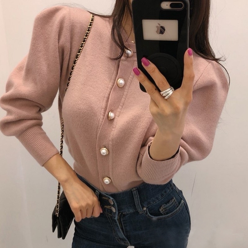 

Korean New Fall/Winter Short Slim All-match Ruched Pearl Button Knit Sweater Women Knitted Cardigan Jacket 201204, Picture color