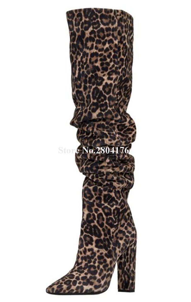 

Women Elegant Pointed Toe Leopard Suede Leather Knee High Boots Charming Slip-on Thick High Heel Boots Club Dress Shoes, As picture