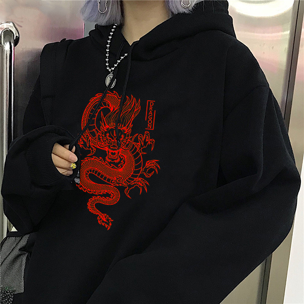 

2021 Streetwear Vintage Female Dragon Print with Hood New Winter Sweatshirt Oversize Loose Harajuku Hip Hop Hoodie Lt0e, Zi02