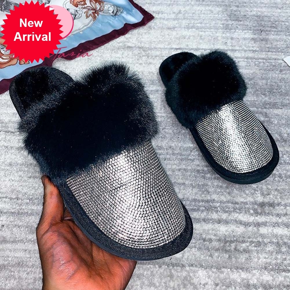 

2021 The New New Fashionable Ladies Hot Winter Thick Crystal Slippers Comfort Indoors Women's Shoes Fisc, Black