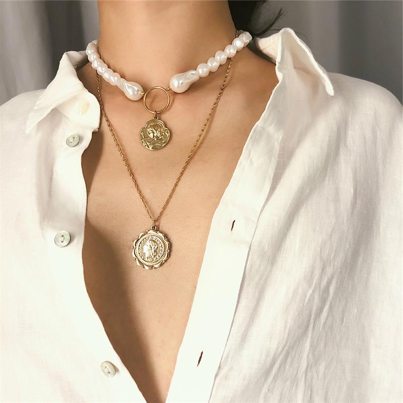 

Vintage Layered Beads Necklace Women Fashion Round Jewelry Lady Gold Chain Clavicle Choker Personalise Multi-layer Necklace
