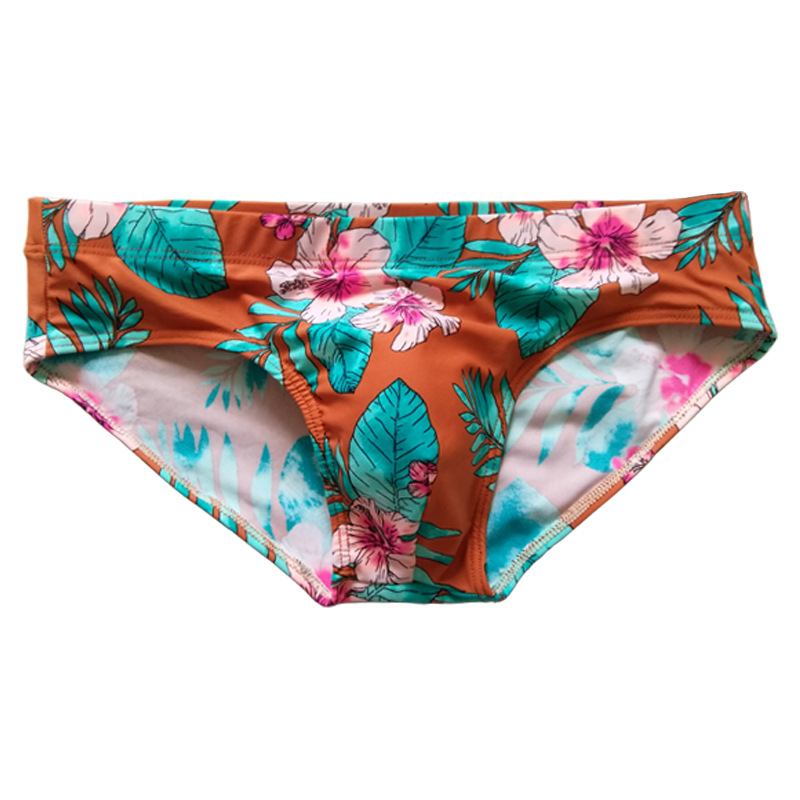 

Sexy Mens Swimwear Floral Printed Briefs with Pad Quickj Dry Padded Swim Shorts Pants Male Beach Clothing, Orange brown