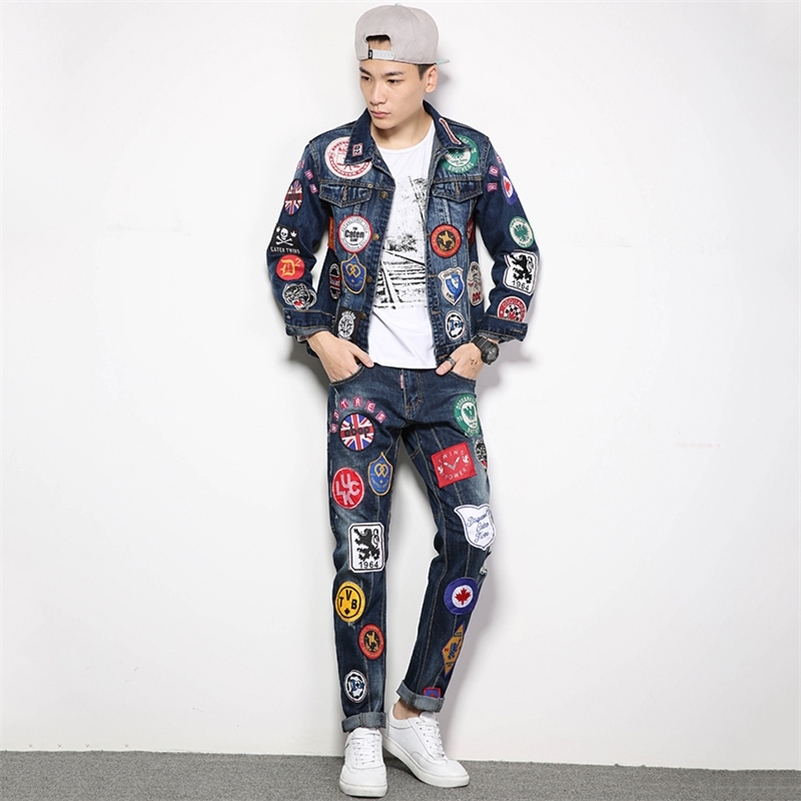 

Badge Denim Jacket Jeans Sets Men's Worn Slim Personality Tide Brand Street Dance Suit Embroidery Multi-badge Jacket And Jeans 201109