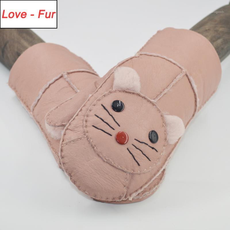 

2020 Winter Women Real Sheep Leather Gloves 100% Real Sheepskin Leather Gloves Lovely Cat Girls Warm Lady Wool Fur1