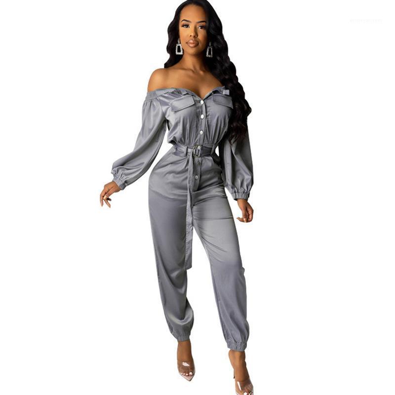 

Sexy Off Shoulder Winter Autumn Rompers Womens Jumpsuit Slash Neck Buttons Long Sleeve Jumpsuit Streetwear Casual Overalls Belt1, Black