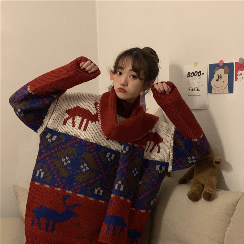 

2021 New Female Christmas Autumn Red in the Section Heavy Work Mark Oversized Sweater Turtleneck High Wrq9, A40red