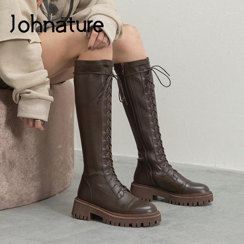 

Johnature Long Boots Women Shoes Genuine Leather Zip 2020 New Lace-Up Winter Round Toe Fashion Concise Handmade Platform Boots1, Black