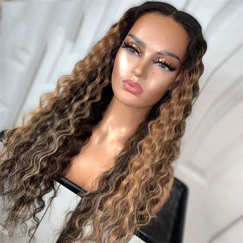 

JayMay Highlight Lace Front Human Hair Wigs Pre Plucked Ombre Honey Blonde Lace Front Wig Deep Curly Wigs 13x5x1Frontal Wig, As pic