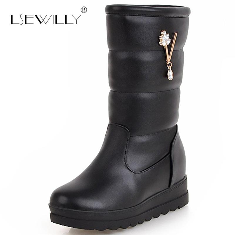 

Lsewilly women winter fashion sweet mid calf plush snow boots med heel women shoes keep warm in winter casual party shoes E203, Black