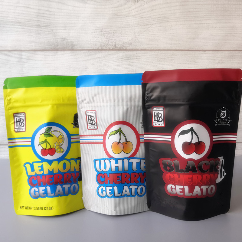 

New 3.5g bags 3 kinds of Mylar Childproof Bags BB boys Packaging white black lemon cherry gelato Cookies Bag Stand Up Pouch Dry Herb