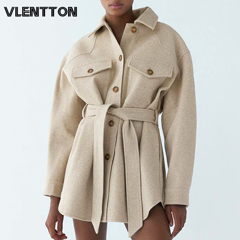 

Autumn Winter Women's Vintage Woolen Coat Chic Sashes Long Sleeve Elegant Shirt Jacket Female Outwear Tops Casual Loose Overcoat 201106, Black