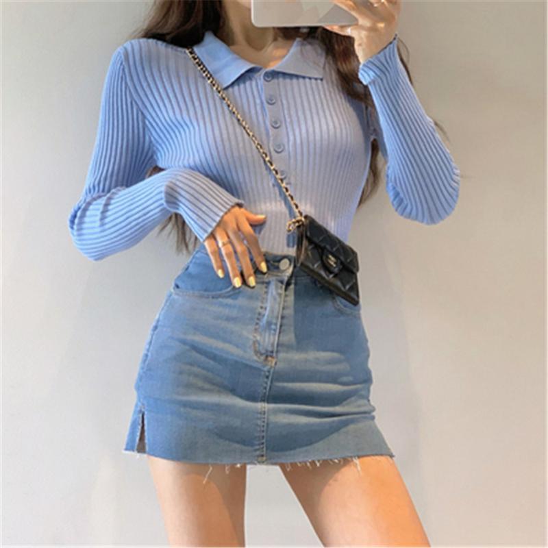 

Women's Sweaters 2022 Korean Turn Down Neck Knitted Top In Spring And Autumn Solid Color Slim Short Bottomed Shirt With Long Sleeves Cardiga, White;black