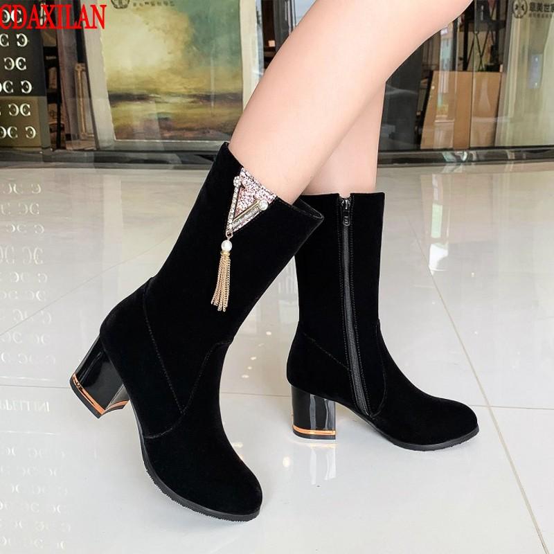 

CDAXILAN new to short boots women autumn winter velvet fabric square heel side zipp motorcycle boots ladies spring Mid-calf boot, Black