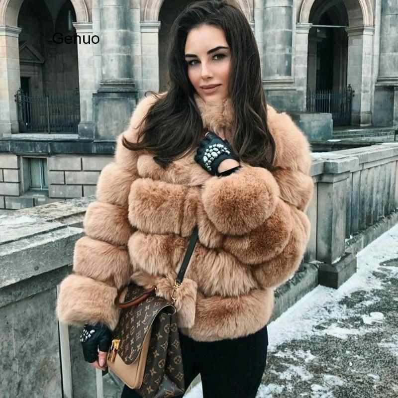 

Faux Fur Coat with Fur Collar Women Fake Outwear Warm Coat Pelt Female Jacket Fluffy Luxury Womans Overcoat, Beige