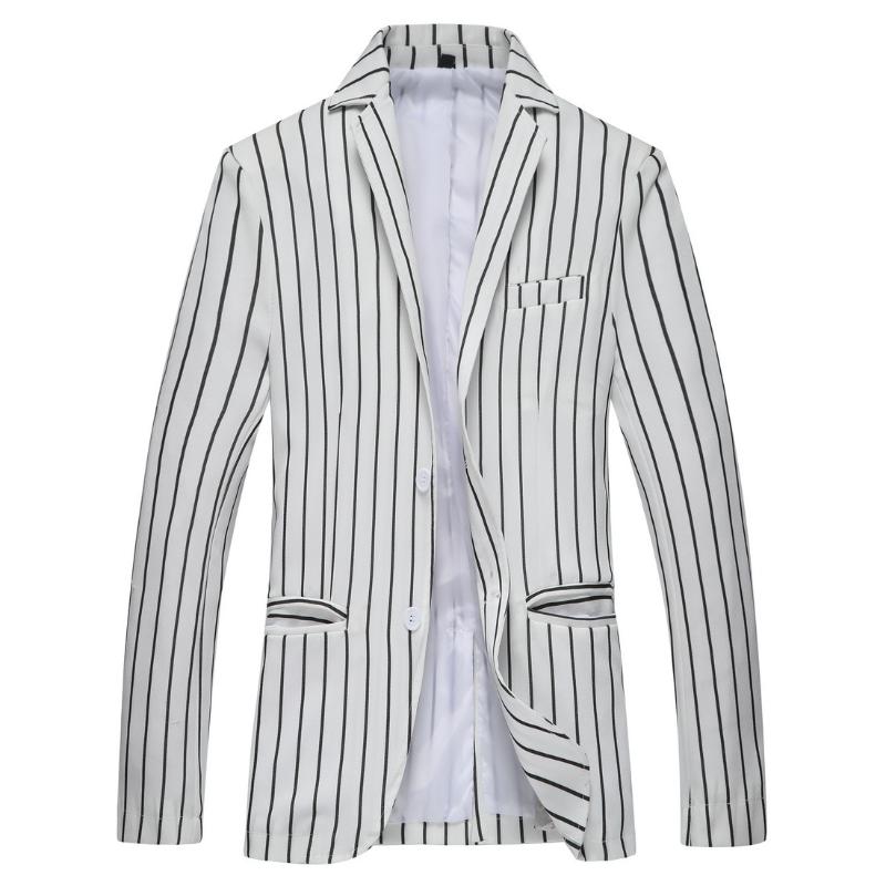 

New Autumn Men's Suit Black And White Stripe Lapel Single Breasted Pocket Decor Fit Casual Fashion Male Coat, White;black