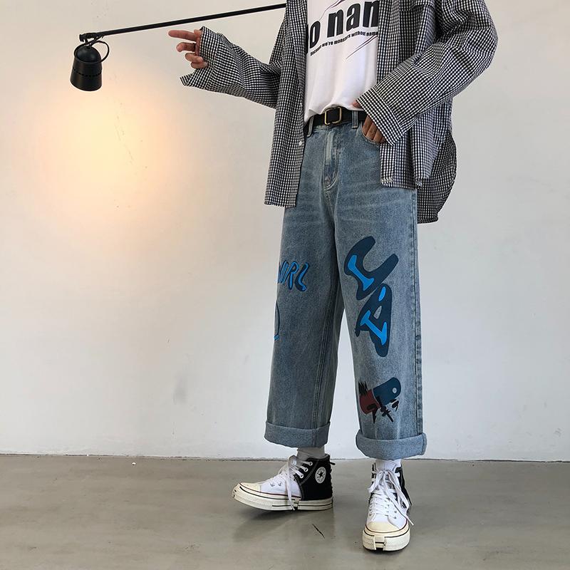 

Autumn Jeans Men Washed Fashion Print Casual Denim Trousers Man Streetwear Wild Hip Hop Loose Straight Jeansmale Clothes, Black