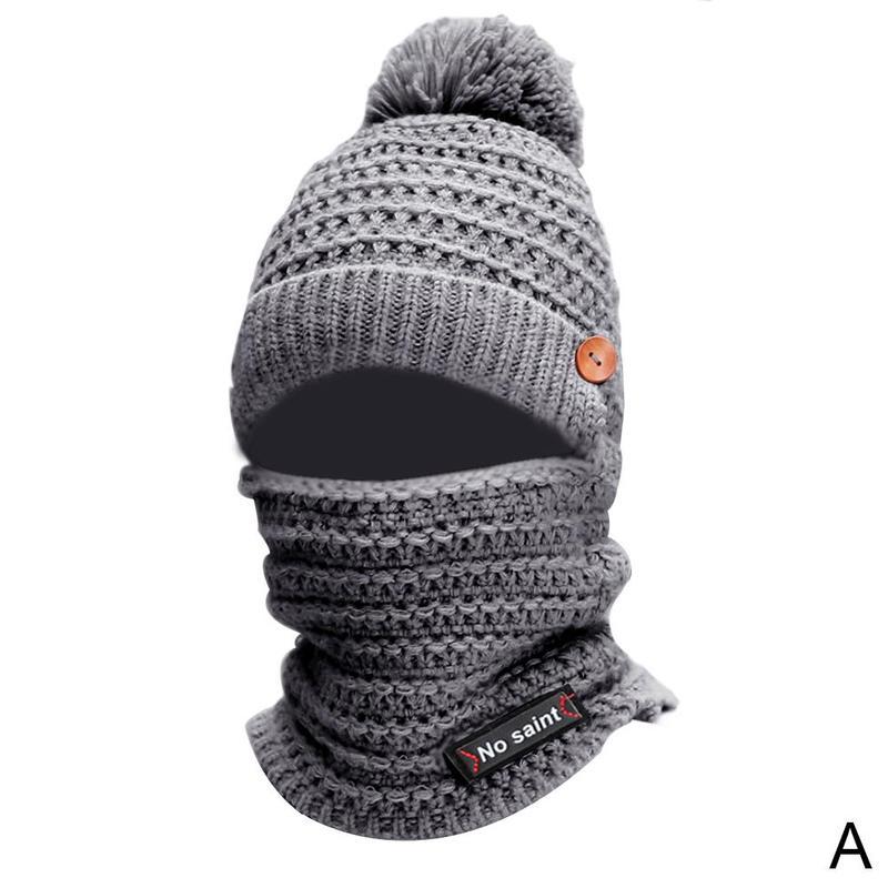 

Plush knitted bib one-piece hat Women Knitted Hat Warm Fur Pompom Cap Skullies Beanies For Women Girls Mask Hats, Blue;gray