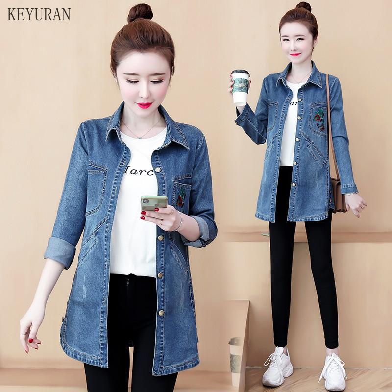 

Female Jacket For Women Embroidery Floral Pocket Long Sleeve Casual Blue Women's Jeans Jackets Coat Outerwear Plus Size 4XL