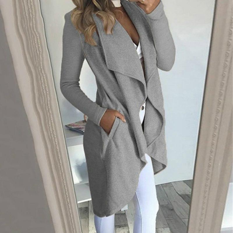 

Autumn Fashion Women Solid Long Sleeve Turn-down Collar Open Stitch Asymmetric Length Trench Coat, A5