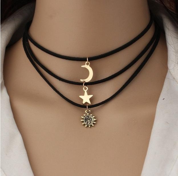 

3PCS/SET Vintage Women Gold Star Moon Sun Pendant Charm Black Cord Choker Necklace