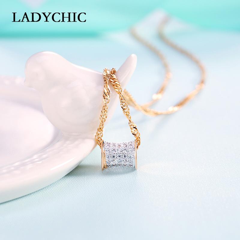 

LADYCHIC Classic Design Shiny Round Pendant Fashion Gold Color CZ Cylinder Small Charm Women Necklaces Jewelry Wholesale LN1042