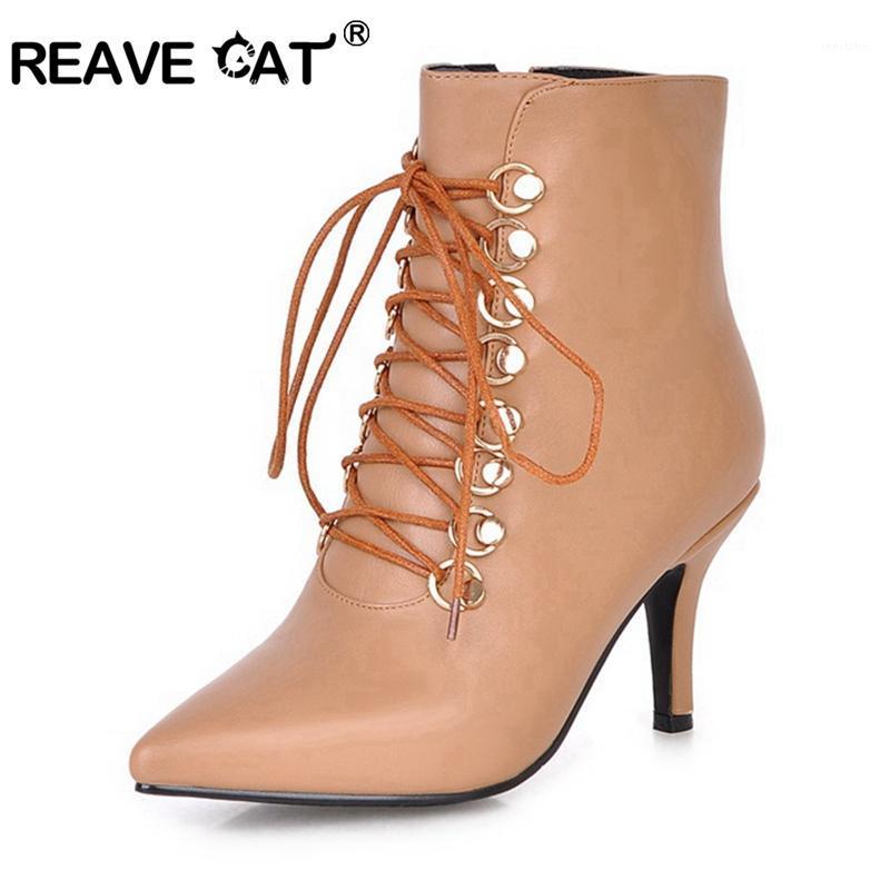 

REAVE CAT Women shoes Spring Ankle Boots Pu Leather heels Ladies Lace-Up Side Zipper Size 34-43 Pointed Toe Thin Heel A9551, Black