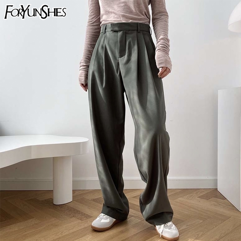 

FORYUNSHES Women Wide Leg Cigarette Suits Trousers Autumn Femme High Waist Straight Pants Casual Office Business Bottom 201106, Black