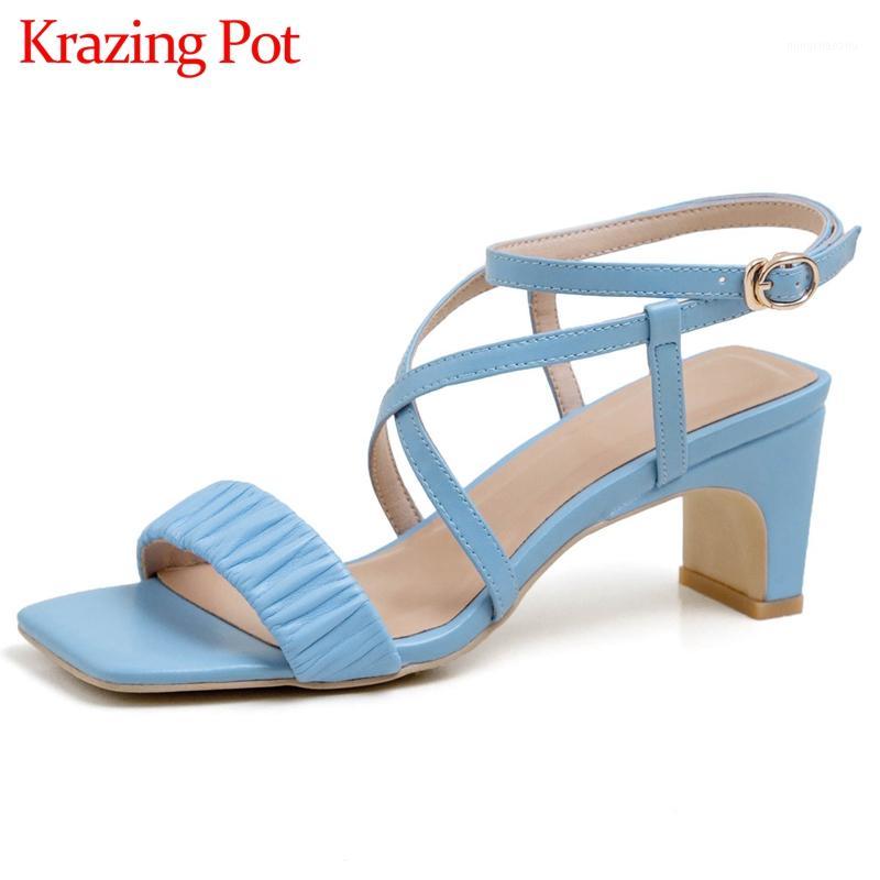 

Krazing pot handmade shoes genuine leather peep toe high heels simple style Korean street pretty girls sandals women L101, Beige