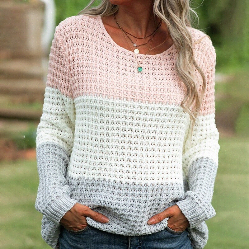 women's Sweater Knitted Color Block Stylish Long Sleeve Sweater Cardigans Crew Neck Fall Winter Blushing Pink Gray V0IE#-image-756089536