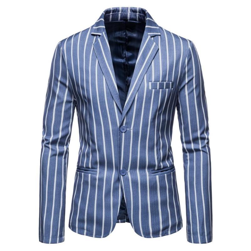 

Two Button Blue Slim Fit Blazer Men Casual Vertical Stripe Suit Jackets Autumn Plus Size Wedding Blazer Masculino