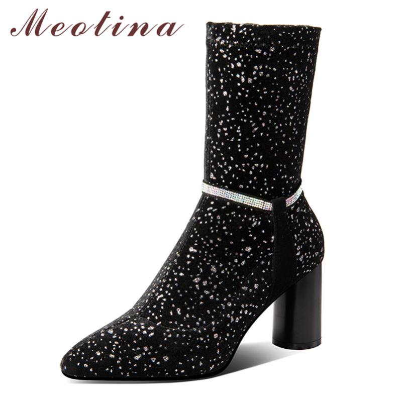 

Meotina Winter Mid Calf Boots Women Luxury Mixed Colors Round High Heels Elastic Boots Zipper Pointed Toe Shoes Female Autumn 39, Black