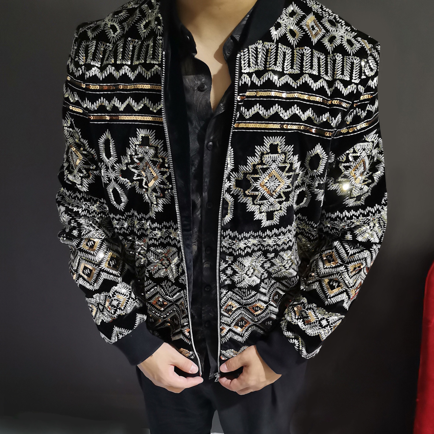

2020 Embroidery Increase Heavy Paillette Leisure Time Loose Spring Male Jacket Wear Baroque Court Wind Imported Velvet 0w9b, Black