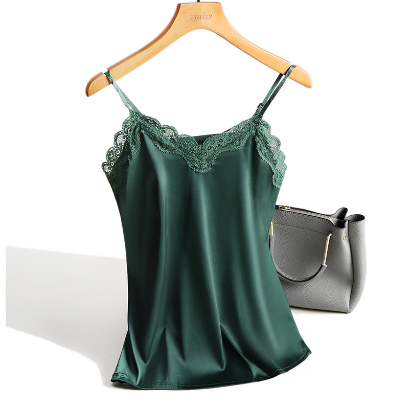 

Scalloped Trim Rib-Knit Satin Silk Cami Top 2020 Lace Tank Tops Solid Fit Summer Sexy Women Clothing Spaghetti Strap Tops Y200701, Green